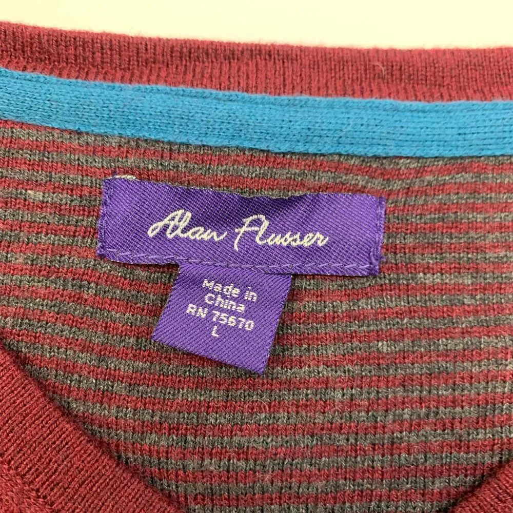 Alan Flusser Sweater Men L Large Maroon Cotton Wool Cashmere Nylon Blend V Neck